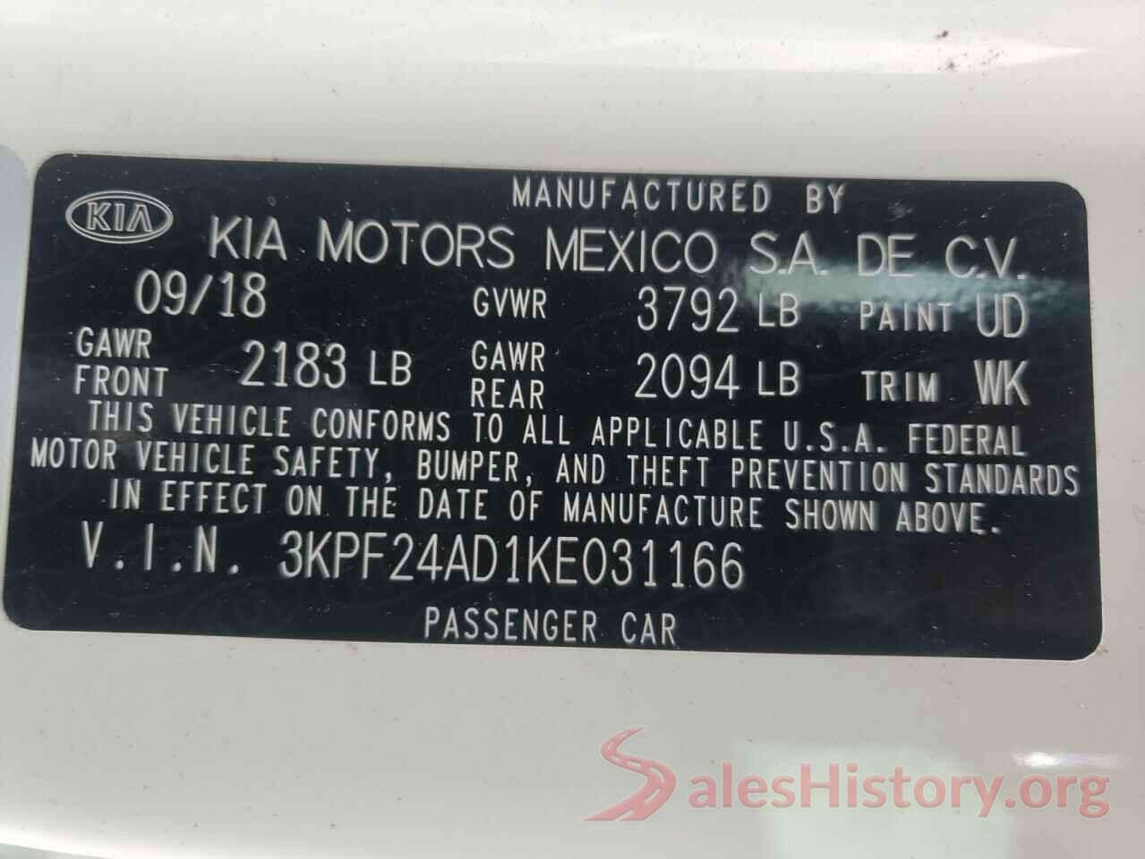 3KPF24AD1KE031166 2019 KIA FORTE