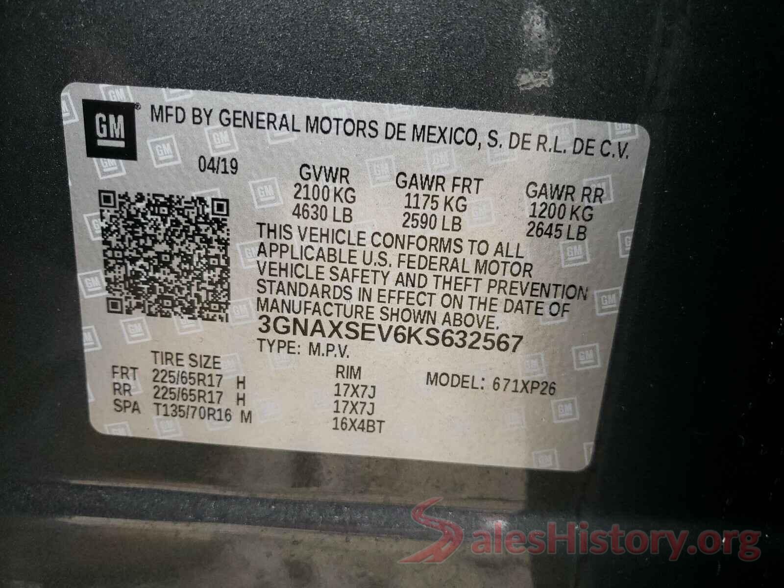 3GNAXSEV6KS632567 2019 CHEVROLET EQUINOX