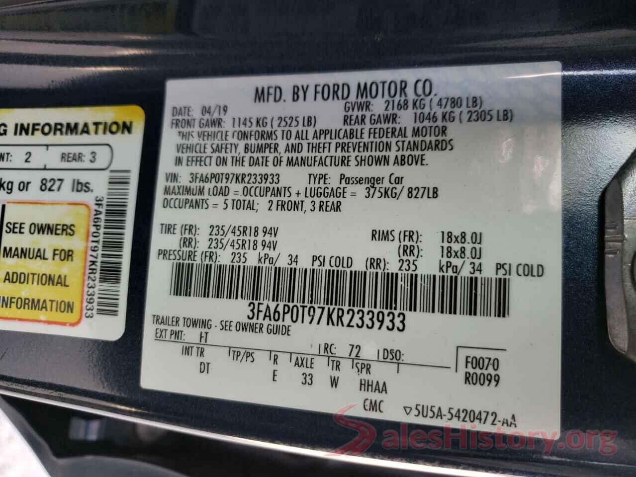 3FA6P0T97KR233933 2019 FORD FUSION