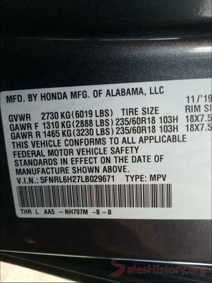 5FNRL6H27LB029671 2020 HONDA ODYSSEY