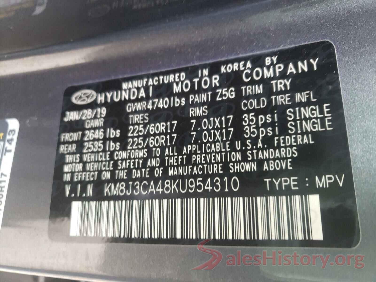 KM8J3CA48KU954310 2019 HYUNDAI TUCSON