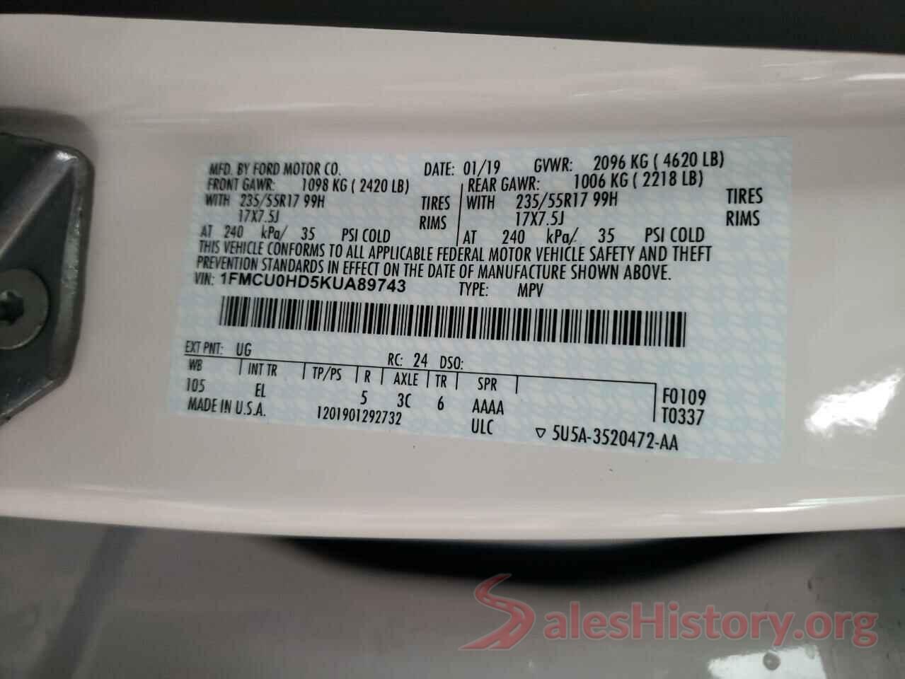 1FMCU0HD5KUA89743 2019 FORD ESCAPE