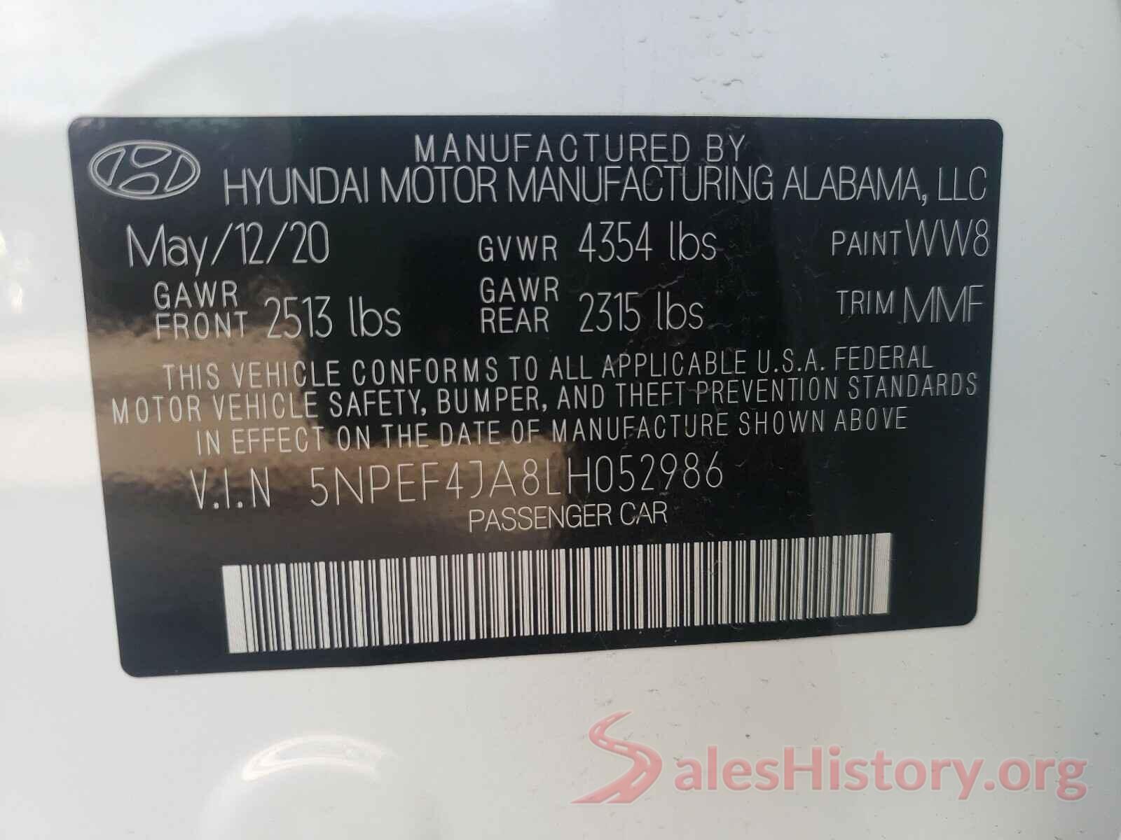 5NPEF4JA8LH052986 2020 HYUNDAI SONATA