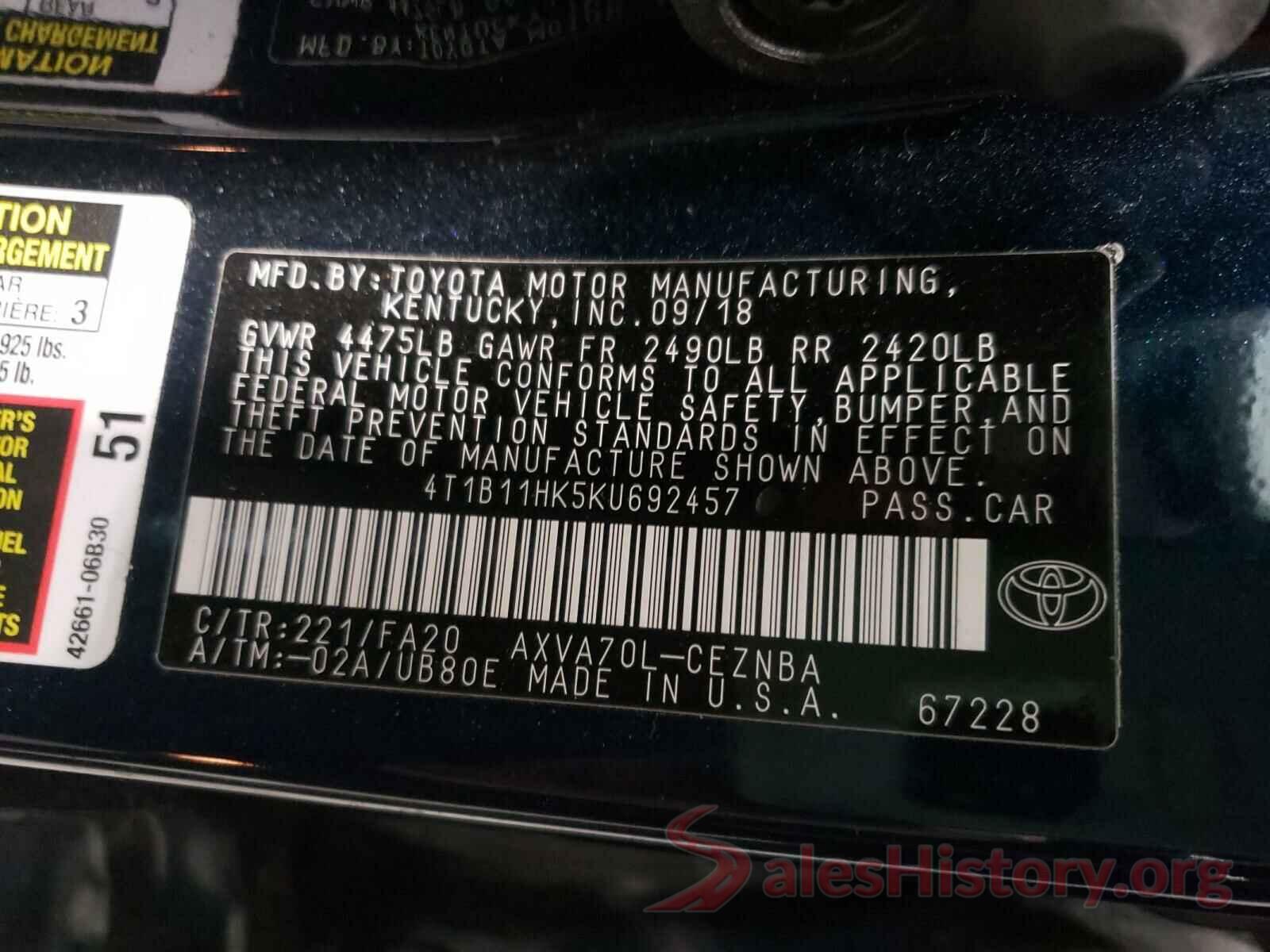 4T1B11HK5KU692457 2019 TOYOTA CAMRY