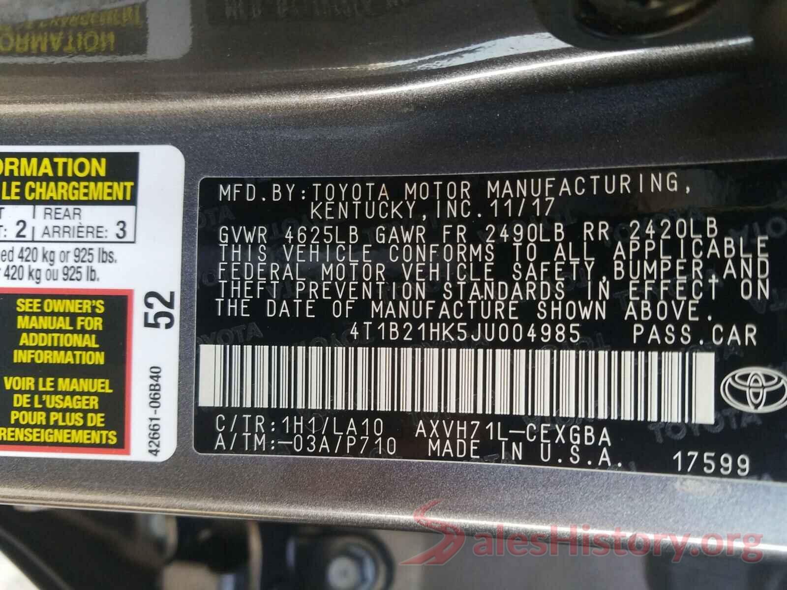 4T1B21HK5JU004985 2018 TOYOTA CAMRY