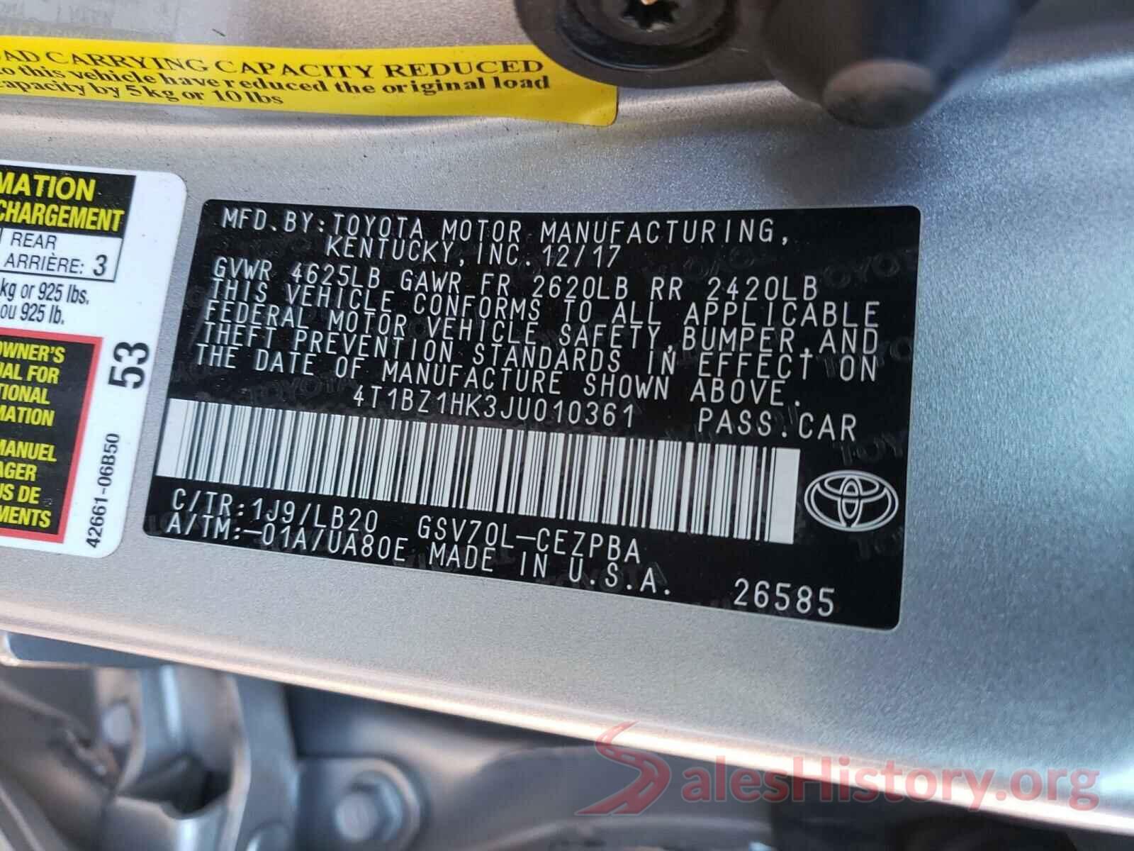 4T1BZ1HK3JU010361 2018 TOYOTA CAMRY