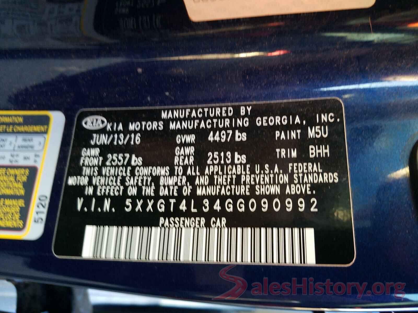 5XXGT4L34GG090992 2016 KIA OPTIMA