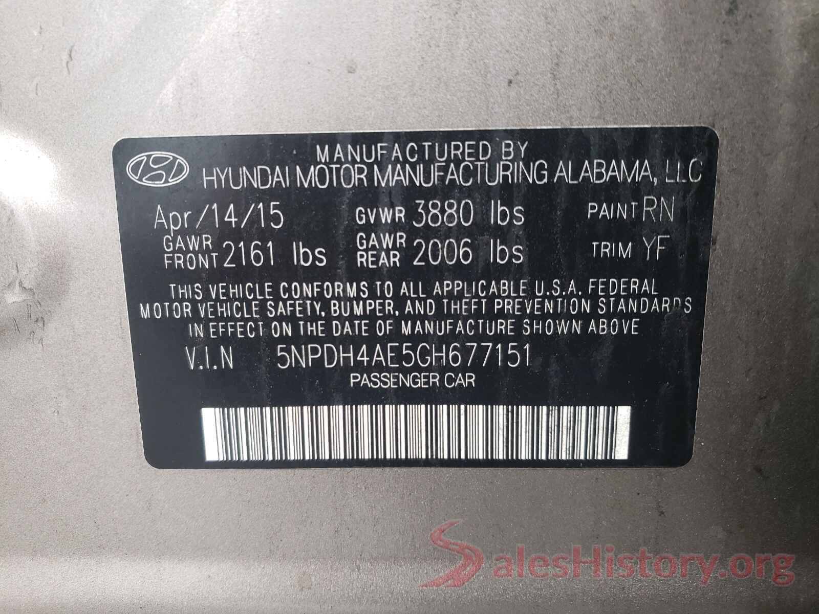 5NPDH4AE5GH677151 2016 HYUNDAI ELANTRA