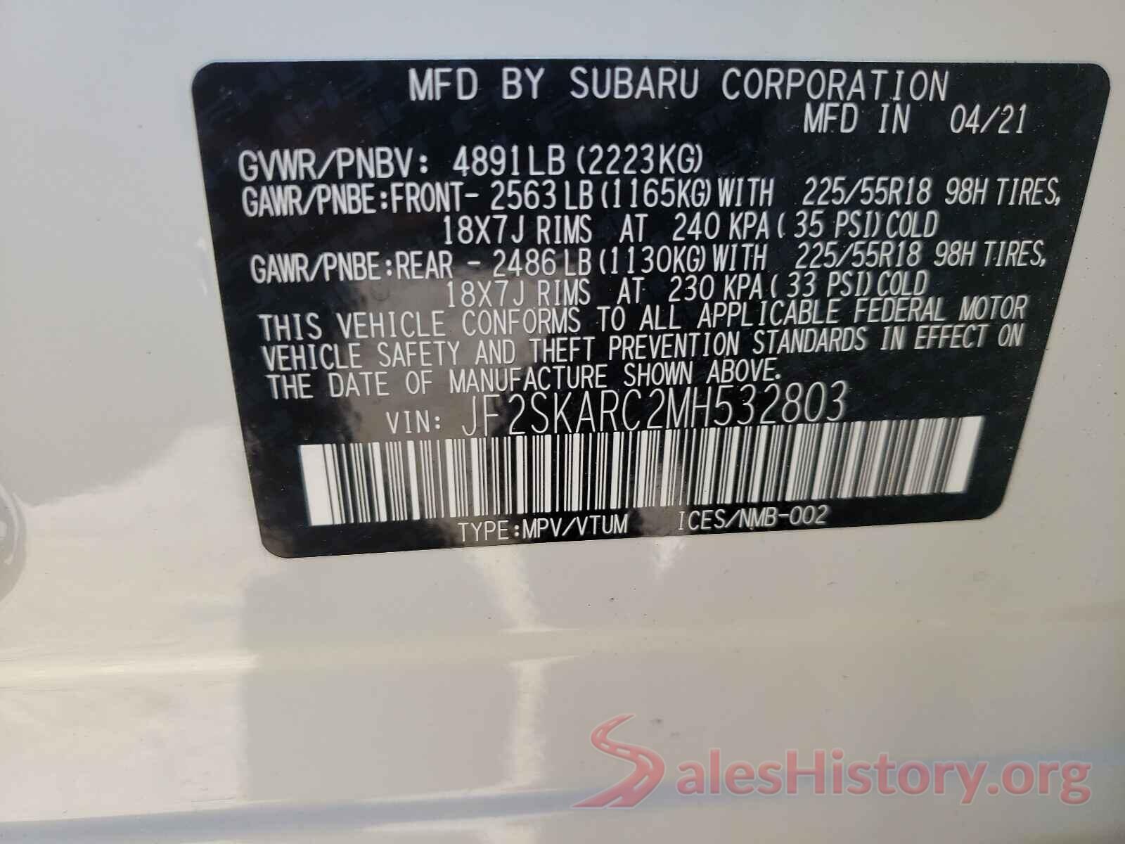 JF2SKARC2MH532803 2021 SUBARU FORESTER