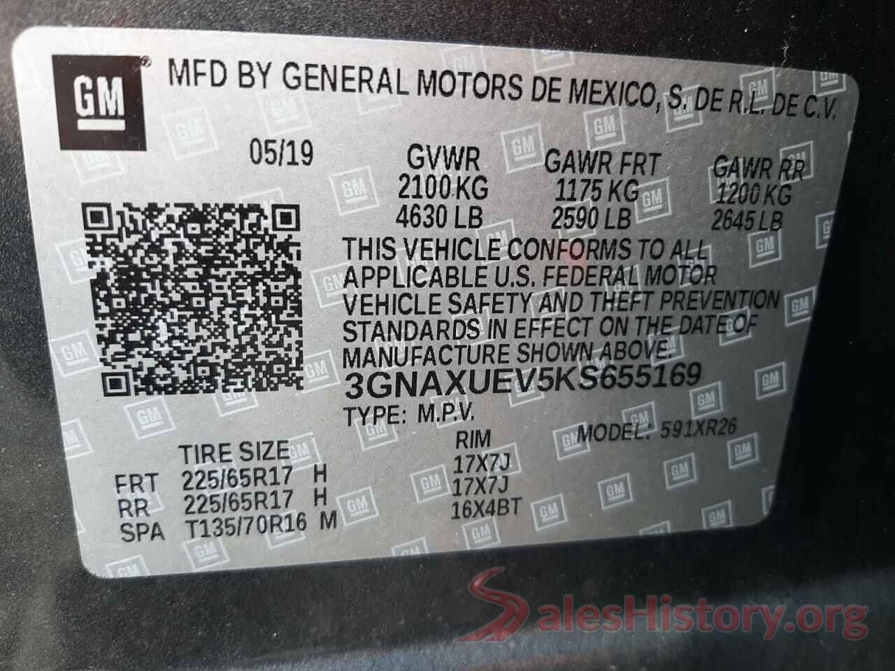 3GNAXUEV5KS655169 2019 CHEVROLET EQUINOX