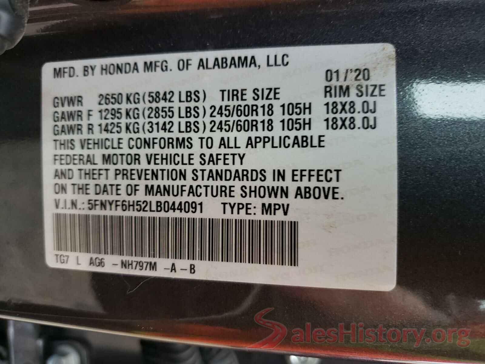 5FNYF6H52LB044091 2020 HONDA PILOT