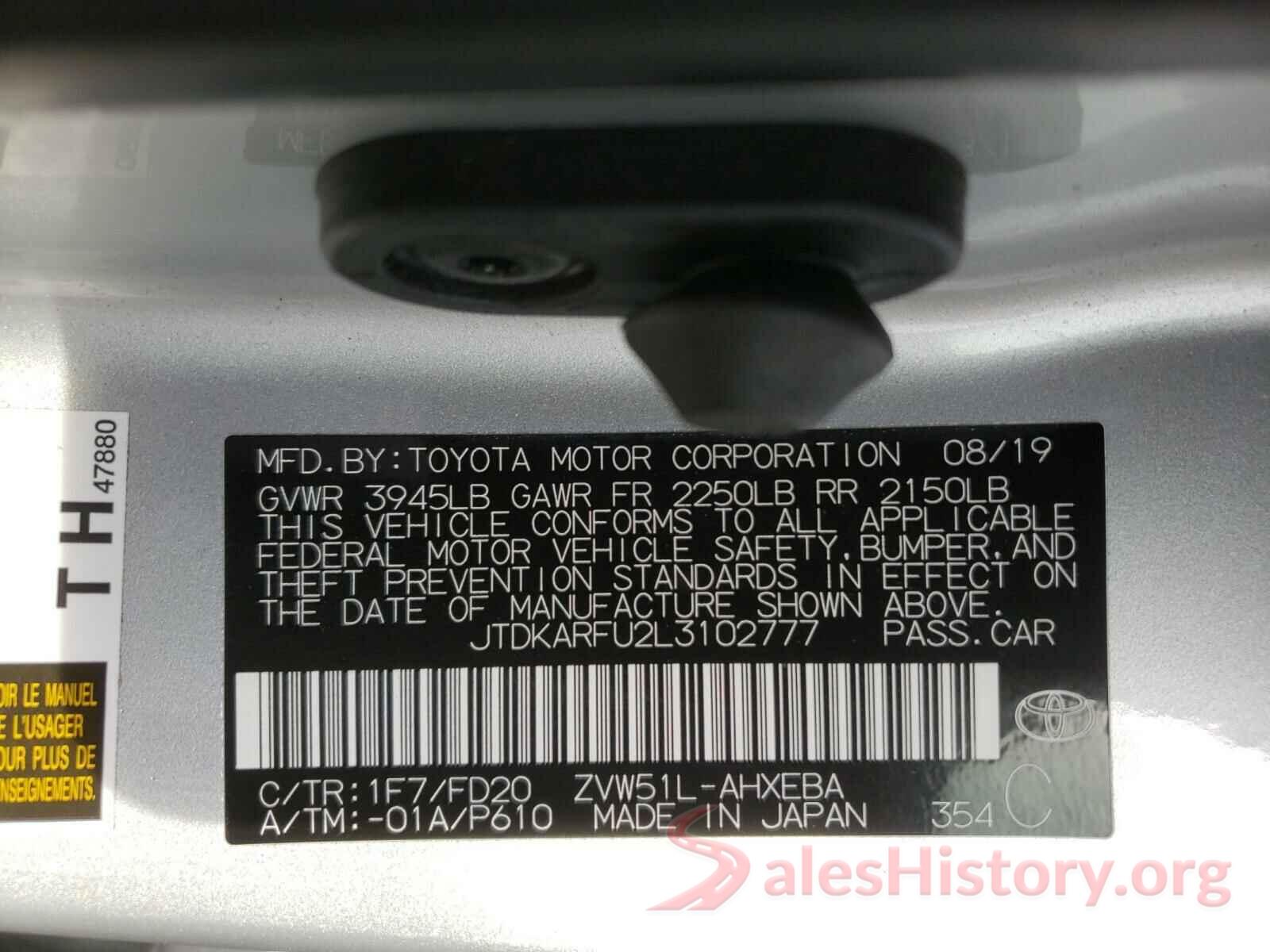 JTDKARFU2L3102777 2020 TOYOTA PRIUS