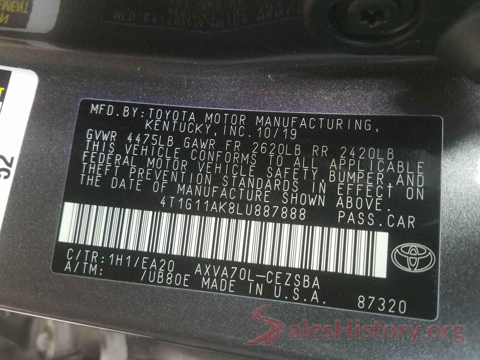 4T1G11AK8LU887888 2020 TOYOTA CAMRY