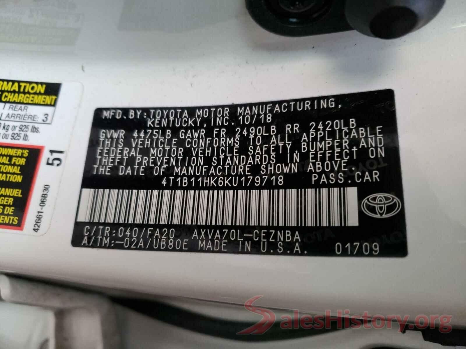 4T1B11HK6KU179718 2019 TOYOTA CAMRY