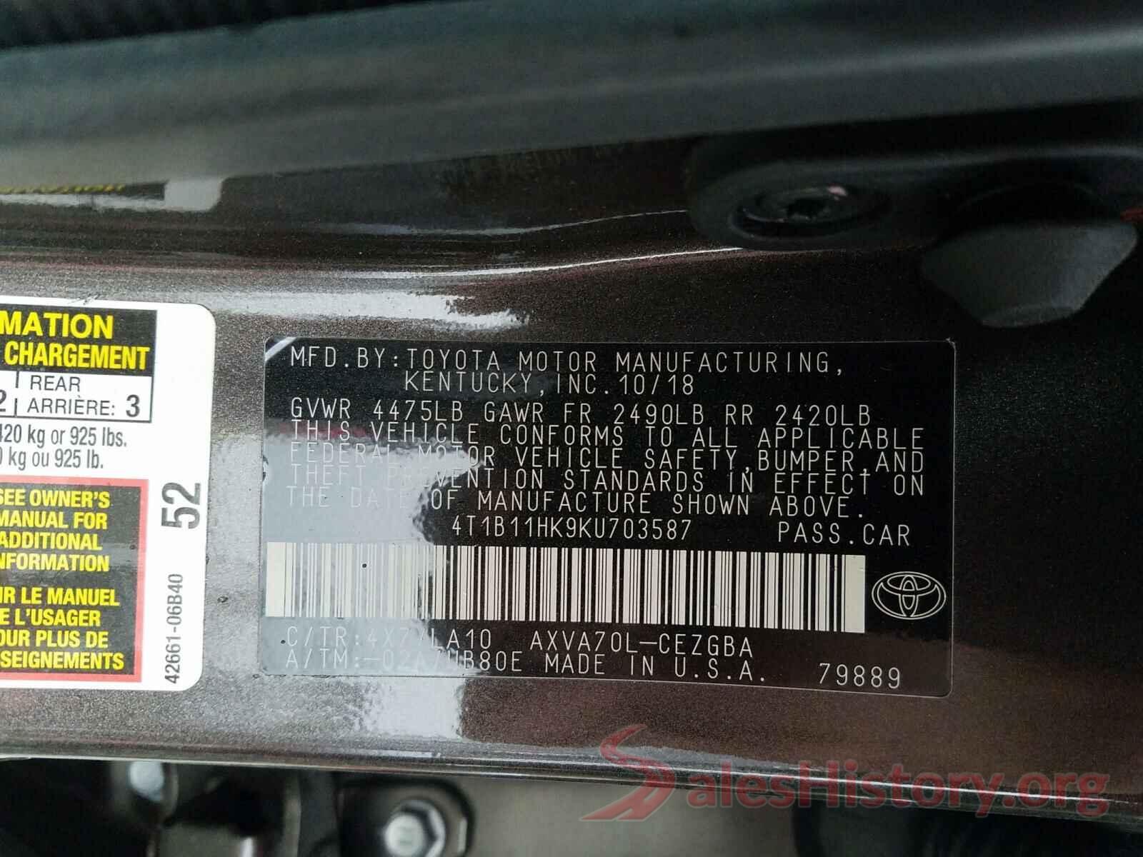 4T1B11HK9KU703587 2019 TOYOTA CAMRY