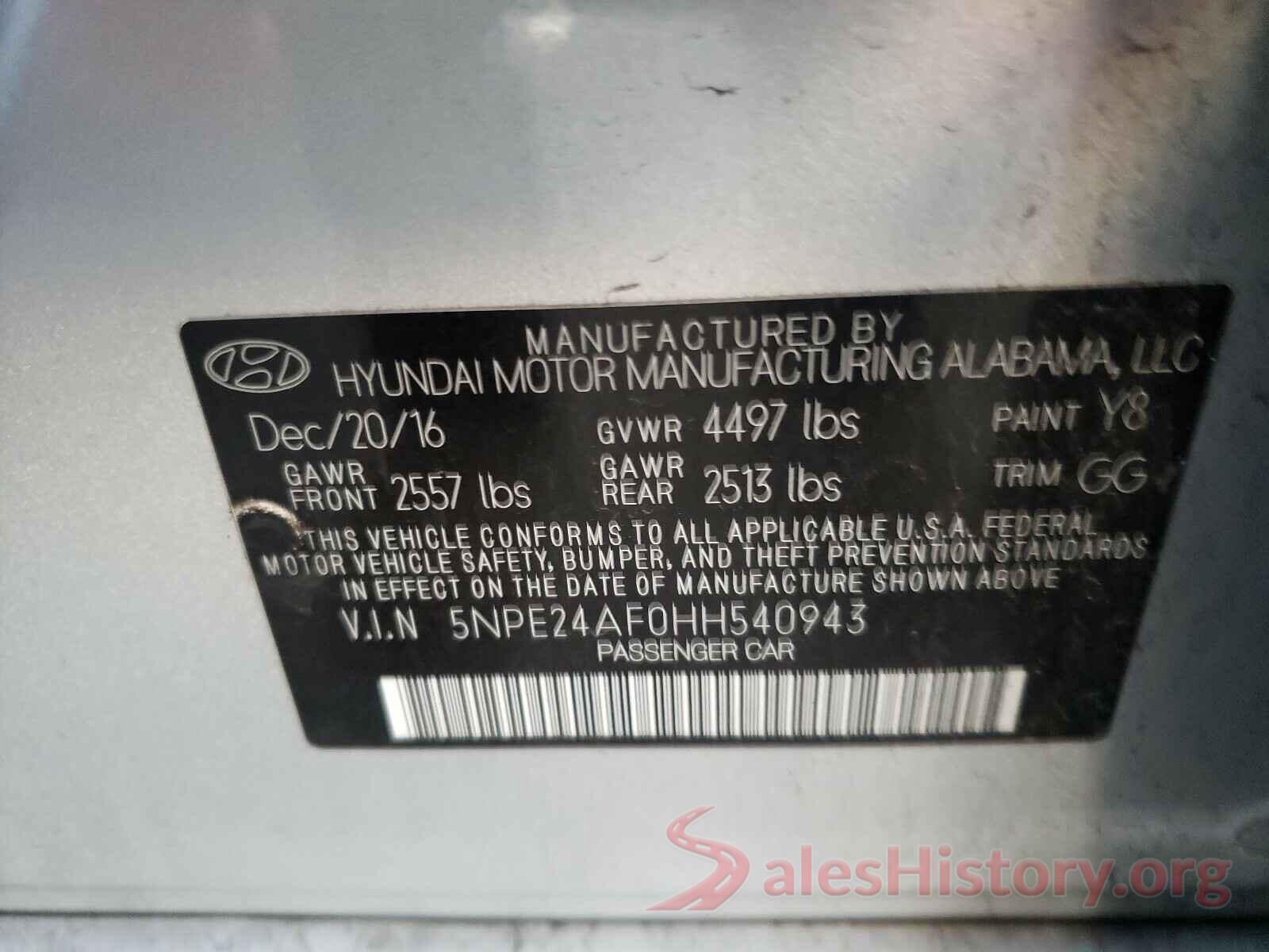 5NPE24AF0HH540943 2017 HYUNDAI SONATA