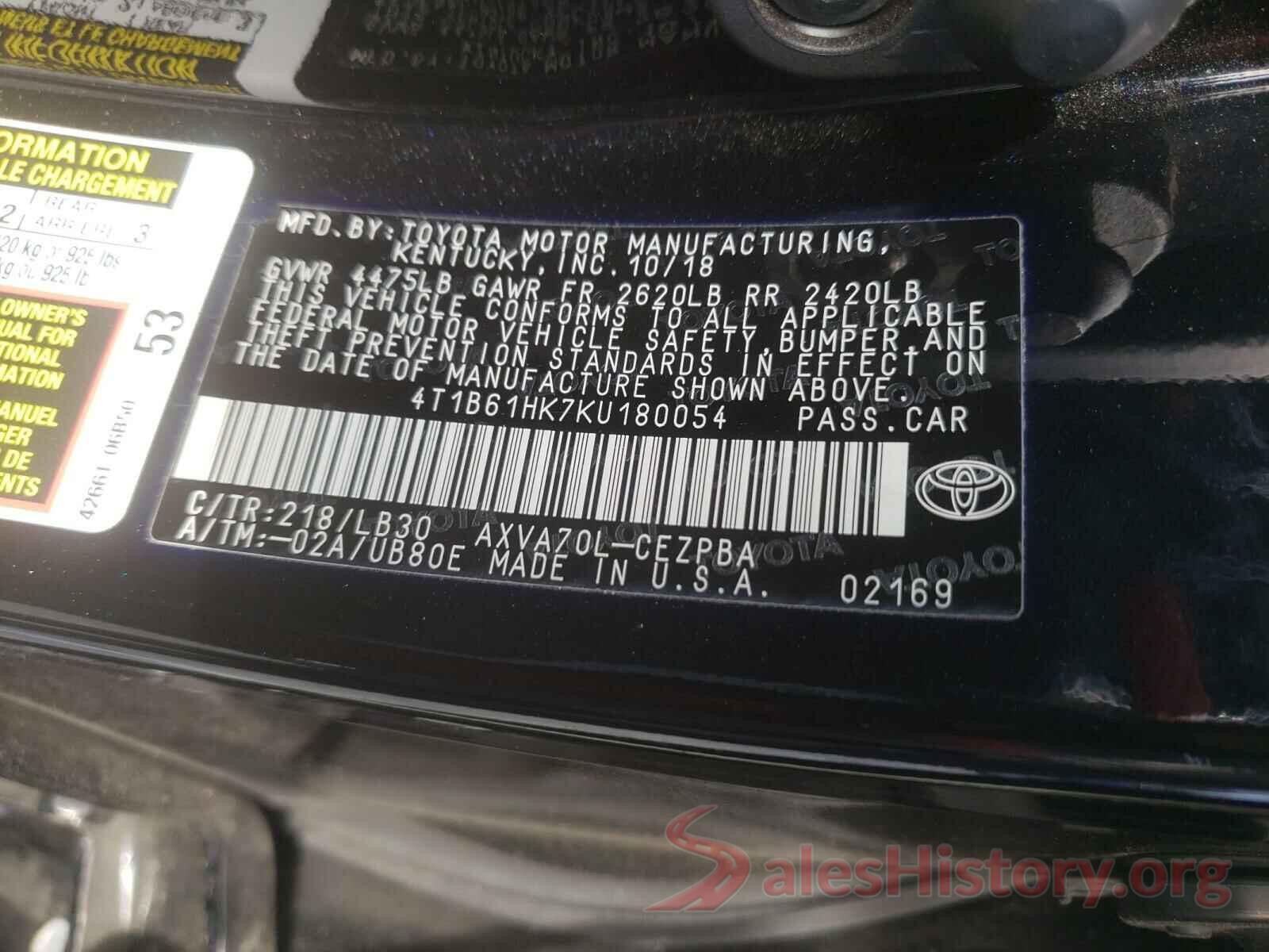 4T1B61HK7KU180054 2019 TOYOTA CAMRY