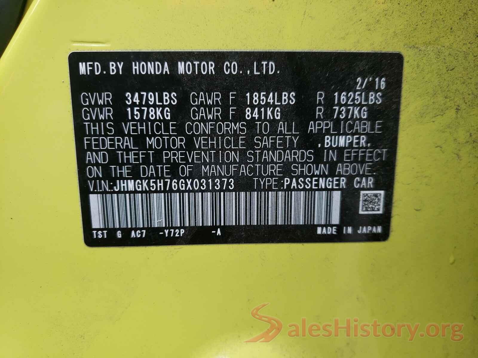 JHMGK5H76GX031373 2016 HONDA FIT