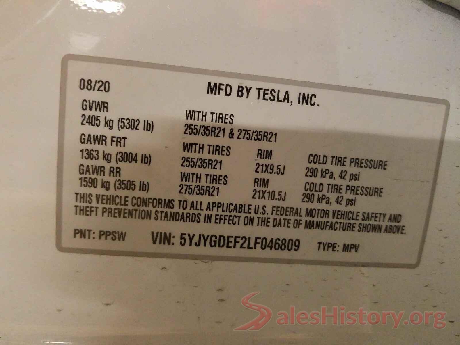 5YJYGDEF2LF046809 2020 TESLA MODEL Y