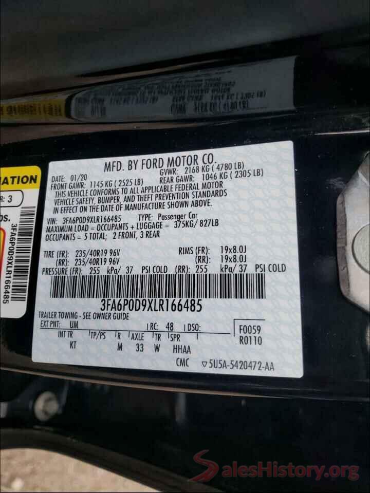 3FA6P0D9XLR166485 2020 FORD FUSION