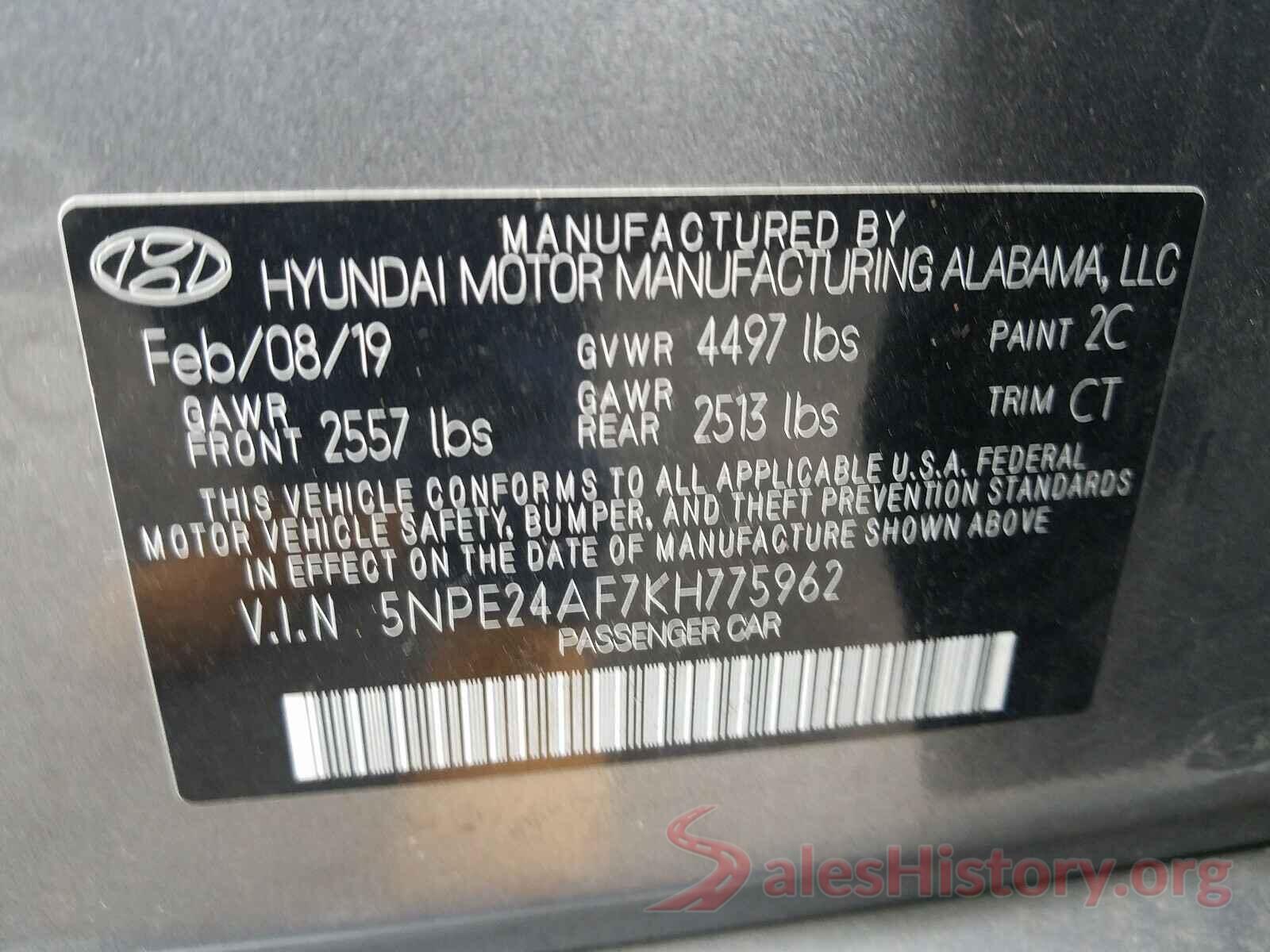 5NPE24AF7KH775962 2019 HYUNDAI SONATA