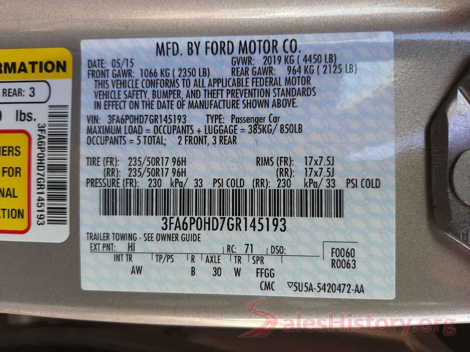 3FA6P0HD7GR145193 2016 FORD FUSION