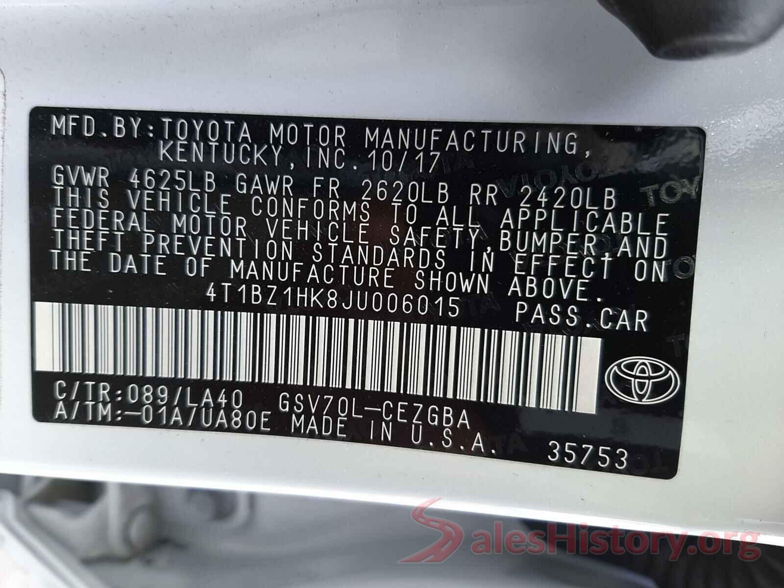 4T1BZ1HK8JU006015 2018 TOYOTA CAMRY