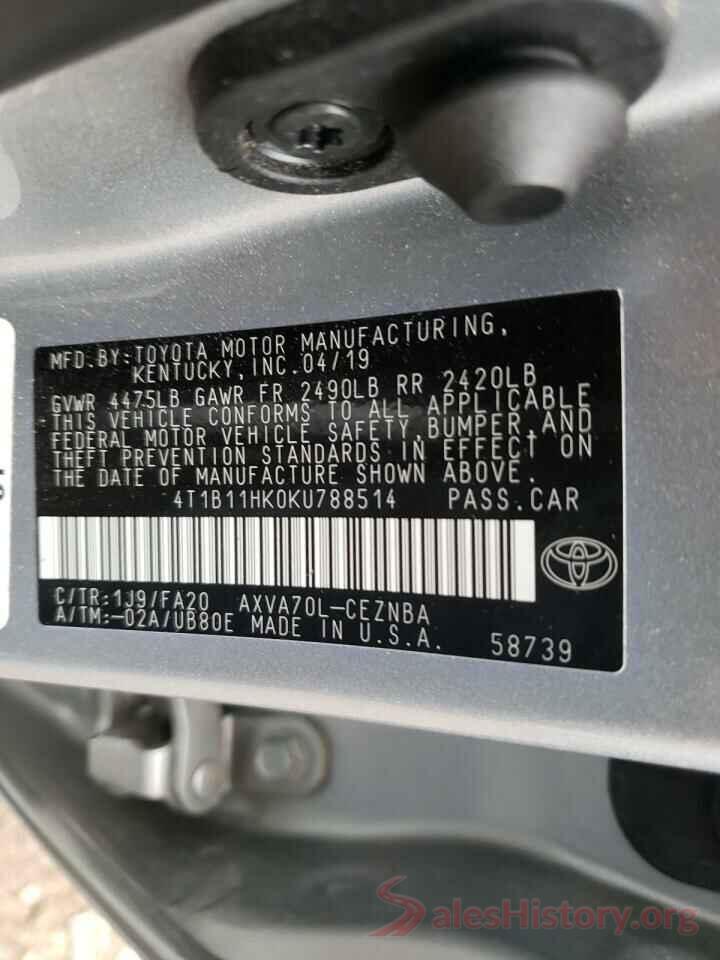 4T1B11HK0KU788514 2019 TOYOTA CAMRY