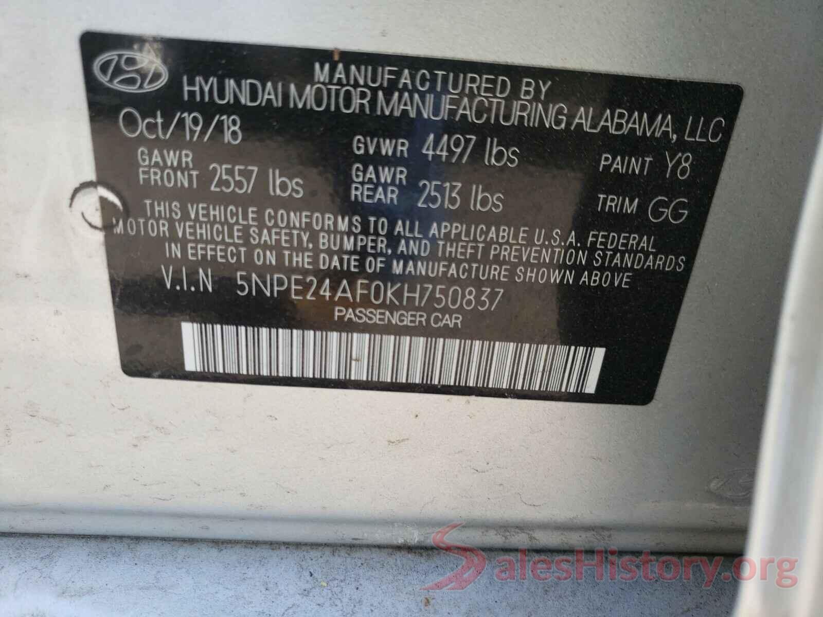 5NPE24AF0KH750837 2019 HYUNDAI SONATA