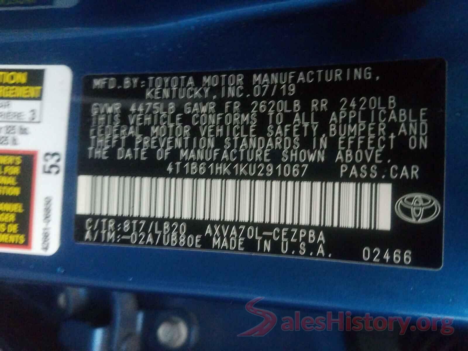 4T1B61HK1KU291067 2019 TOYOTA CAMRY