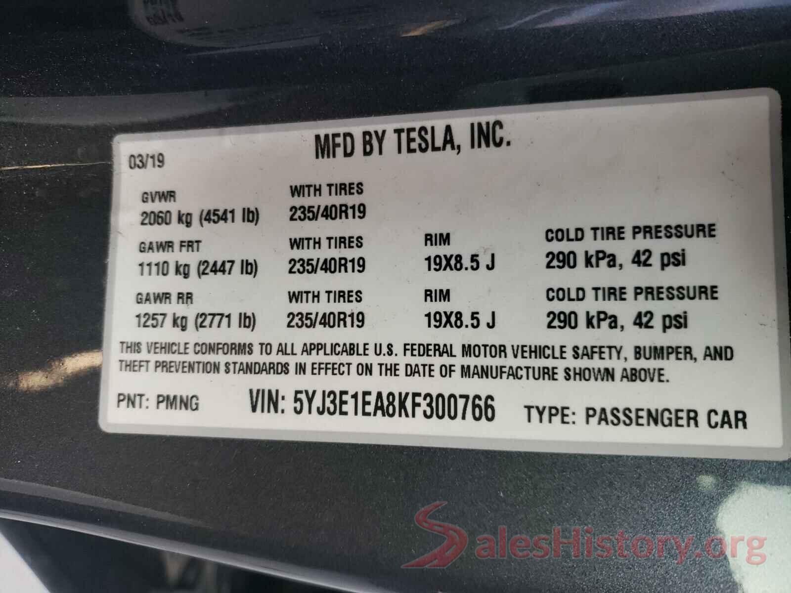 5YJ3E1EA8KF300766 2019 TESLA MODEL 3