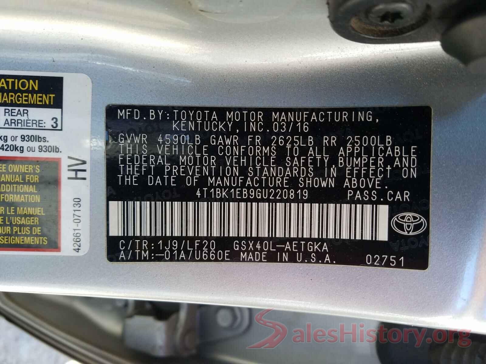 4T1BK1EB9GU220819 2016 TOYOTA AVALON