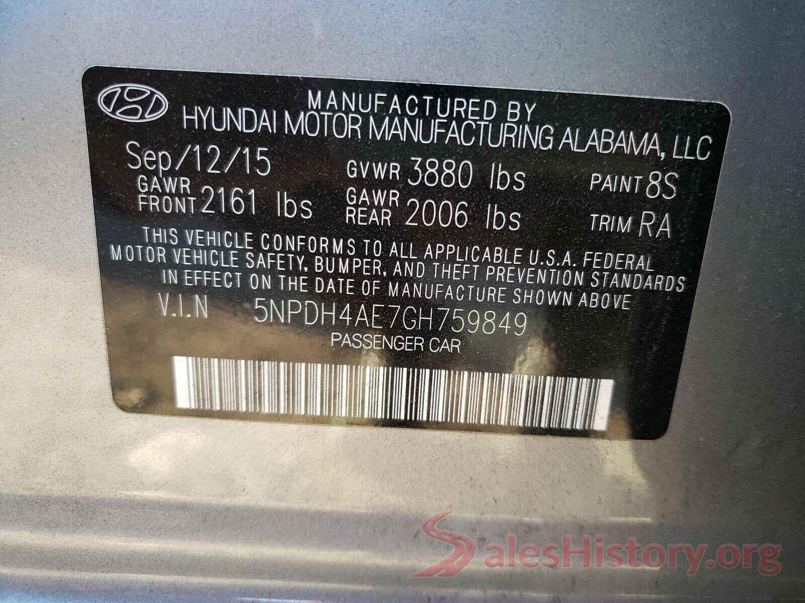 5NPDH4AE7GH759849 2016 HYUNDAI ELANTRA