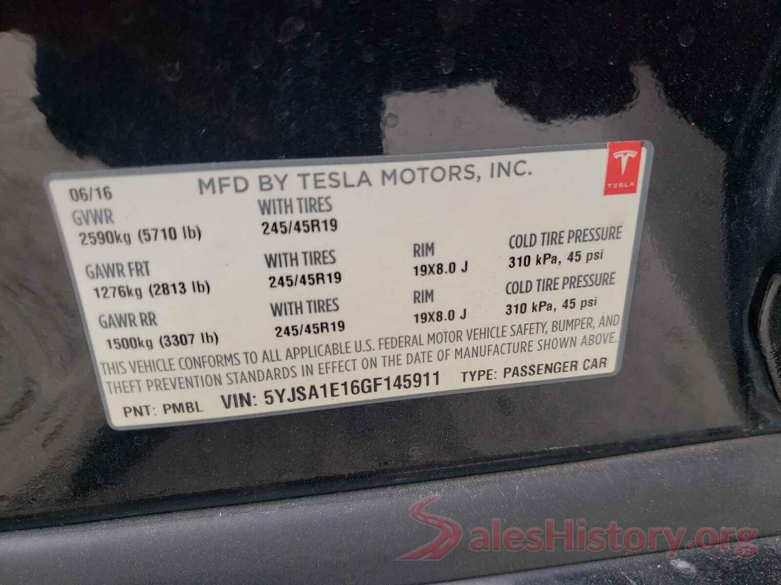 5YJSA1E16GF145911 2016 TESLA MODEL S