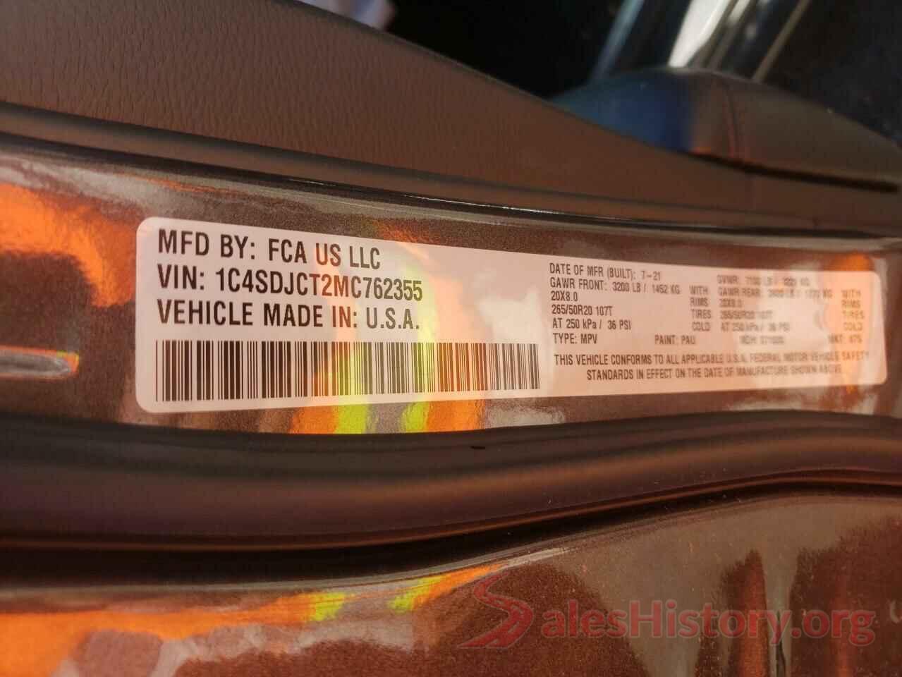 1C4SDJCT2MC762355 2021 DODGE DURANGO