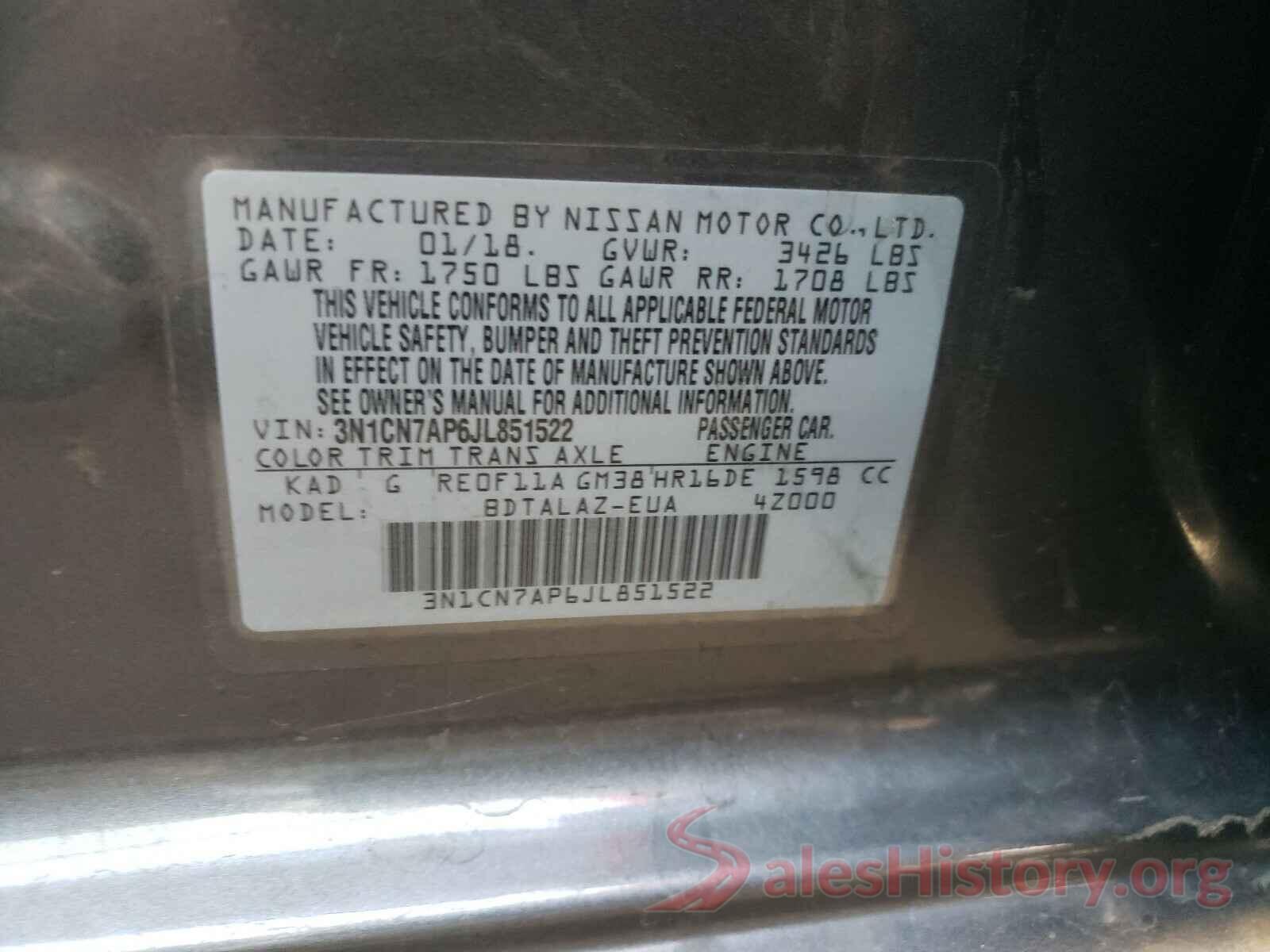 3N1CN7AP6JL851522 2018 NISSAN VERSA