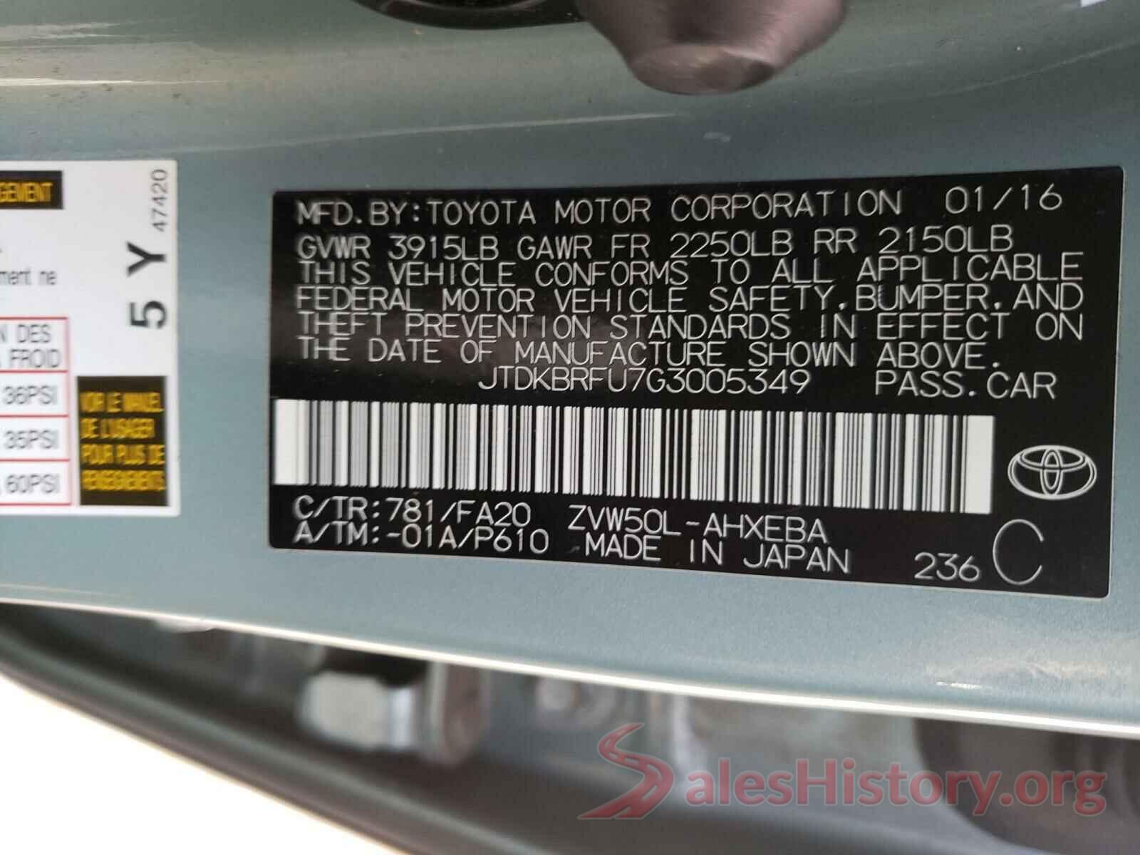 JTDKBRFU7G3005349 2016 TOYOTA PRIUS