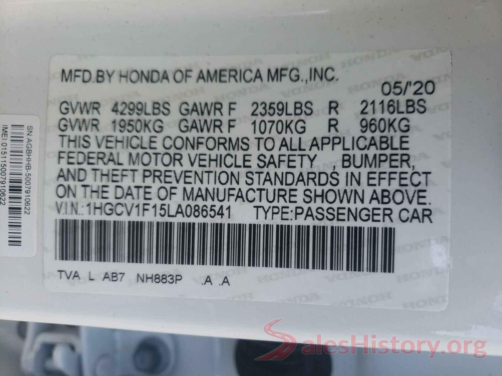 1HGCV1F15LA086541 2020 HONDA ACCORD