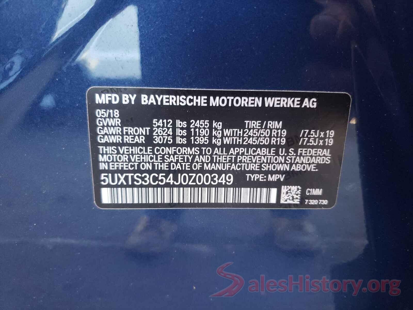 5UXTS3C54J0Z00349 2018 BMW X3