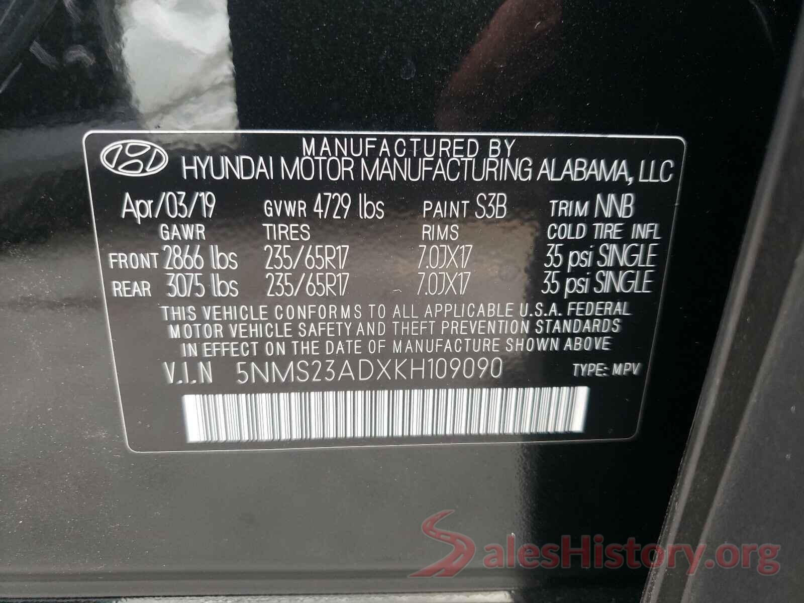 5NMS23ADXKH109090 2019 HYUNDAI SANTA FE