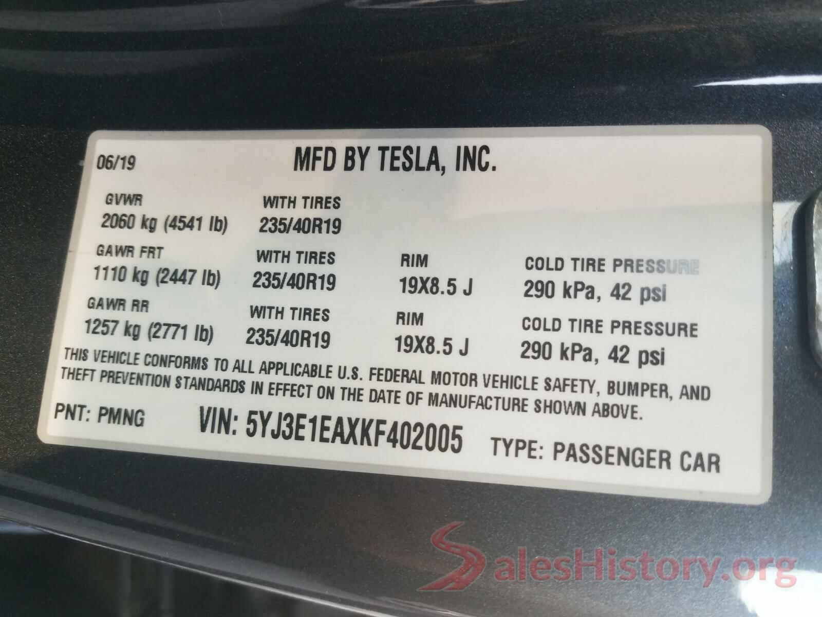 5YJ3E1EAXKF402005 2019 TESLA MODEL 3