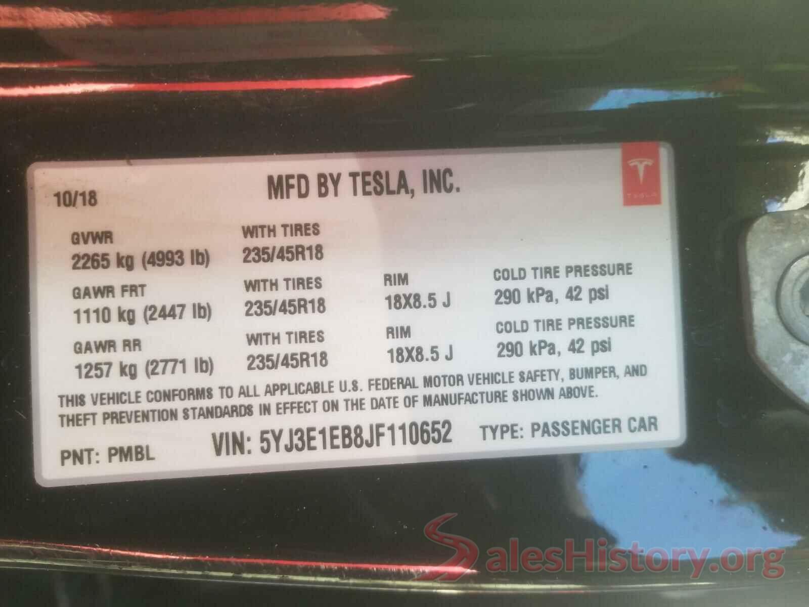 5YJ3E1EB8JF110652 2018 TESLA MODEL 3