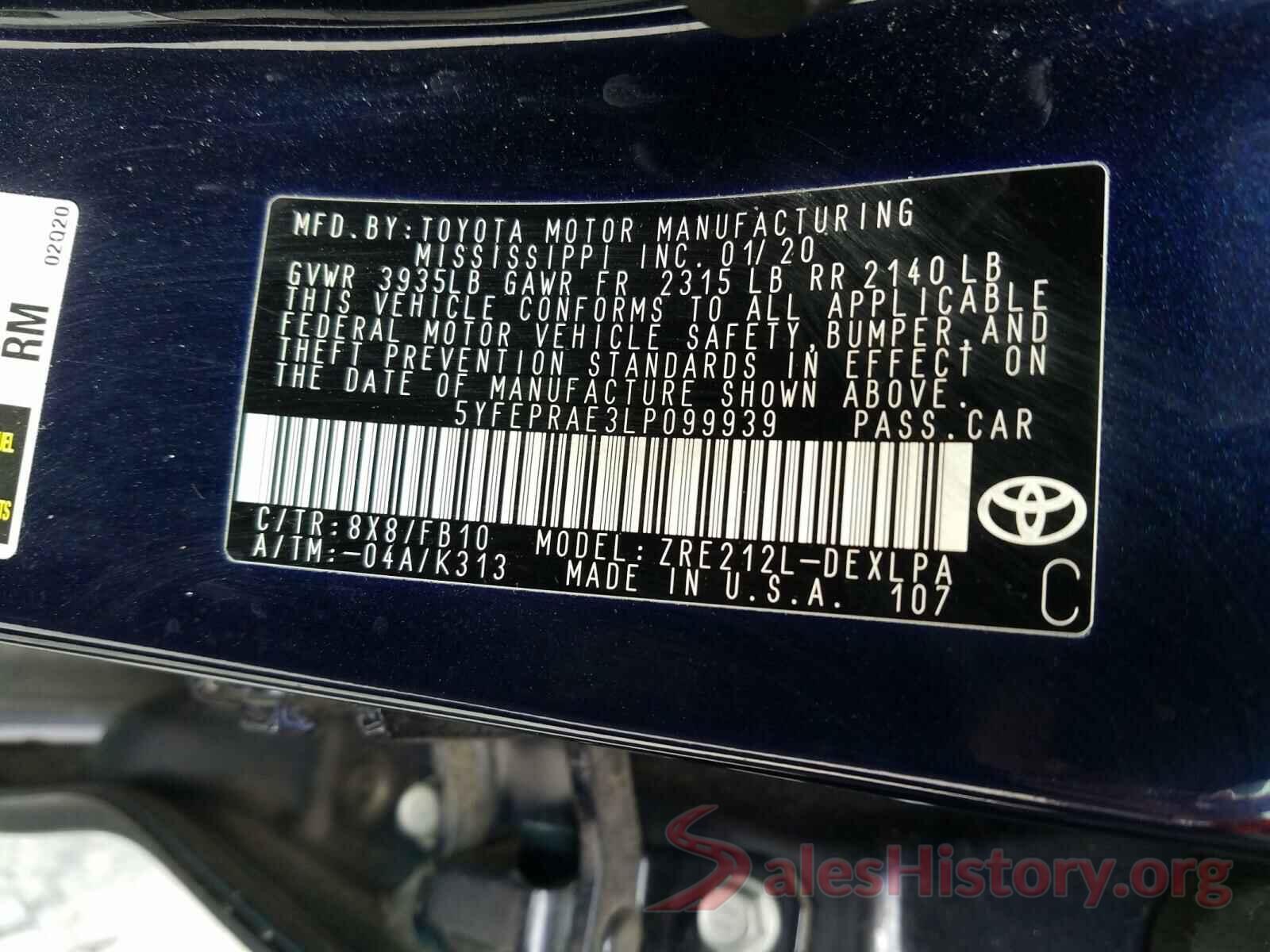 5YFEPRAE3LP099939 2020 TOYOTA COROLLA