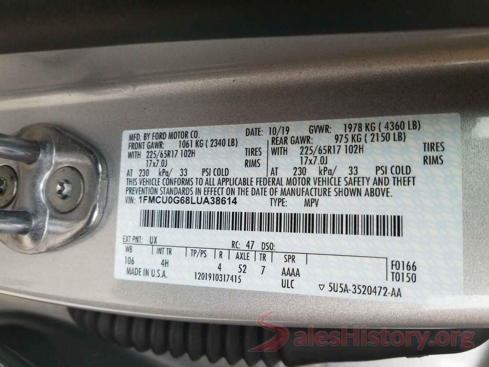 1FMCU0G68LUA38614 2020 FORD ESCAPE