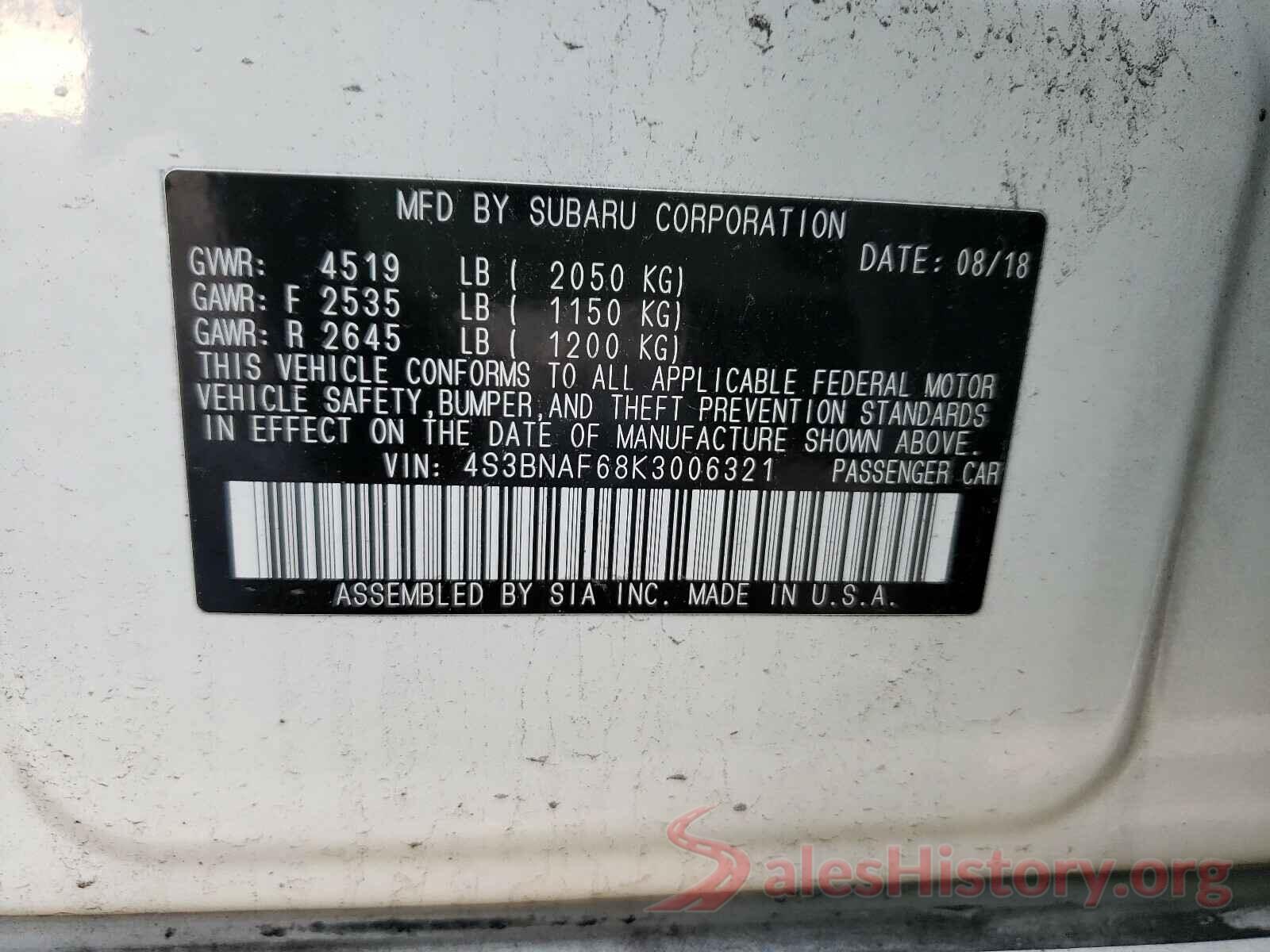 4S3BNAF68K3006321 2019 SUBARU LEGACY