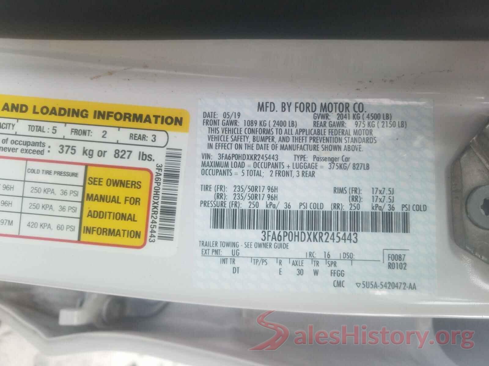 3FA6P0HDXKR245443 2019 FORD FUSION