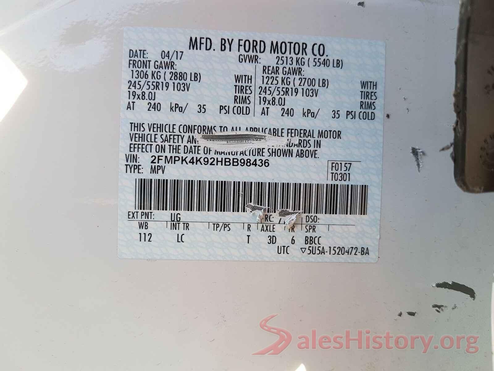 2FMPK4K92HBB98436 2017 FORD EDGE