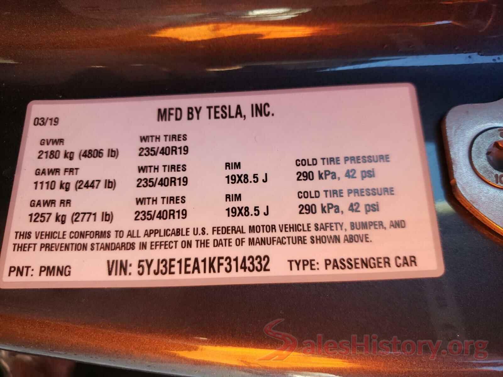 5YJ3E1EA1KF314332 2019 TESLA MODEL 3