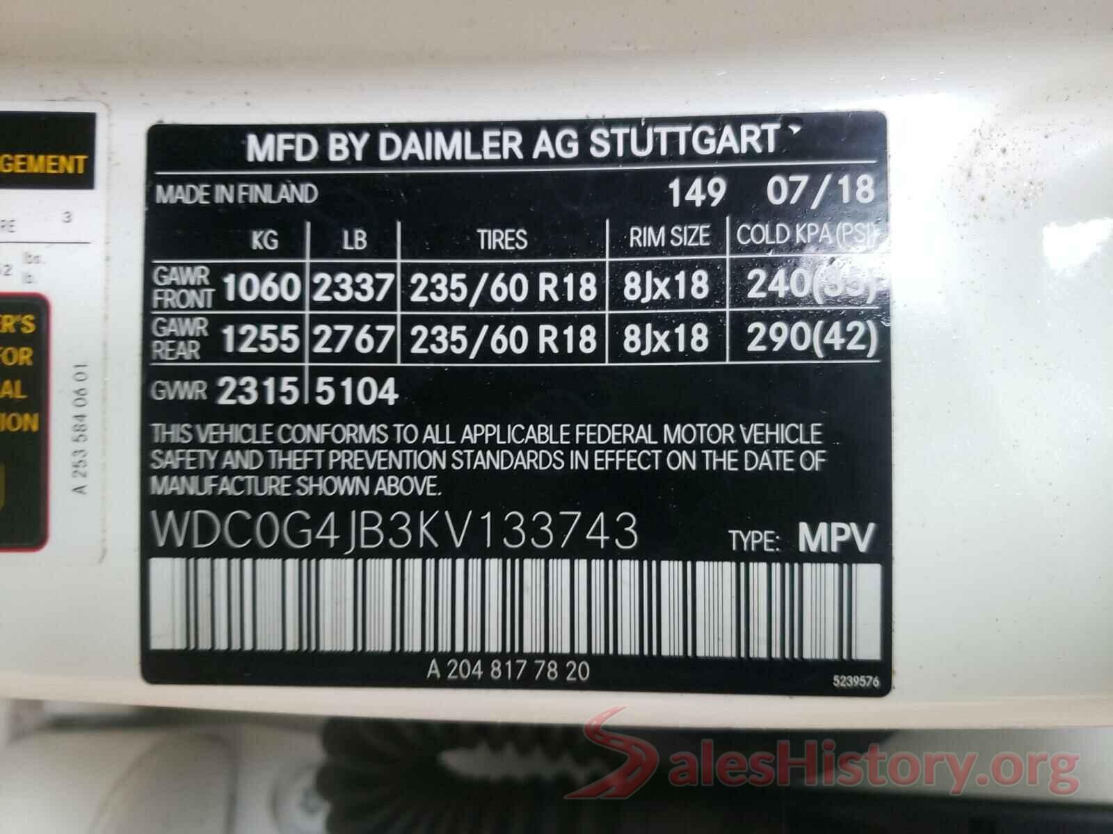 WDC0G4JB3KV133743 2019 MERCEDES-BENZ G CLASS