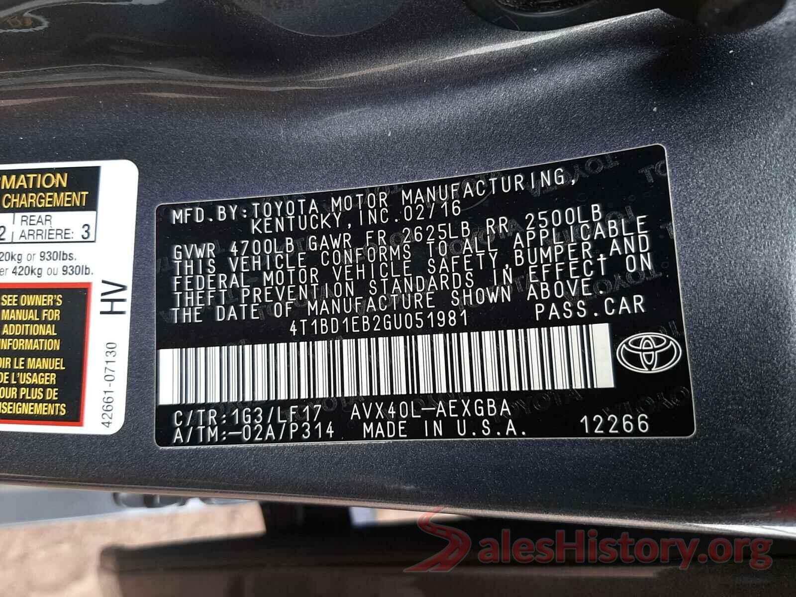 4T1BD1EB2GU051981 2016 TOYOTA AVALON